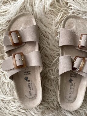 Women's Taupe Suede Double Buckle Leather Sandals made in Spain size 41